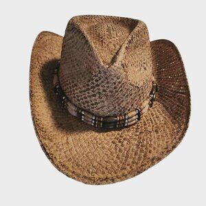 Henschel Hat Burnished Hand Stained Raffia Western Straw Hat Wood Bead Band Med